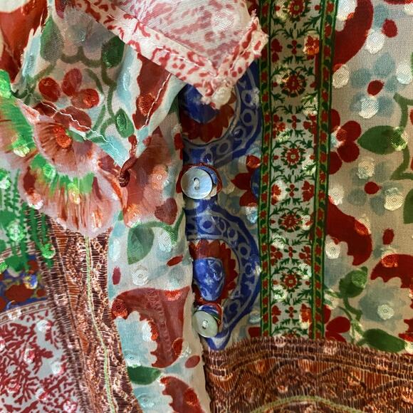 ZARA Boho Ruffled Neckline Swiss Dot Chiffon Patchwork Print Blouse Size Small - Picture 6 of 9